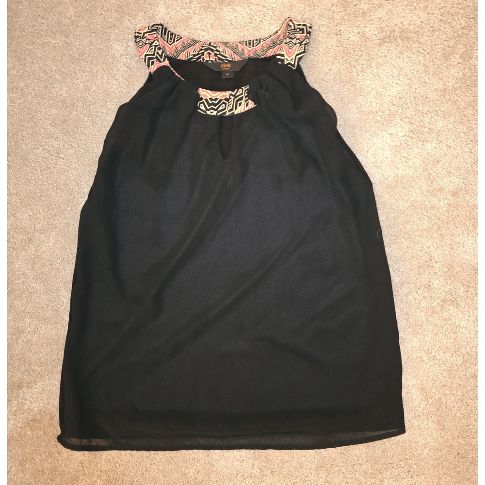 Zink London Black Sleeveless Blouse Geometric Trim Keyhole Neck Size M